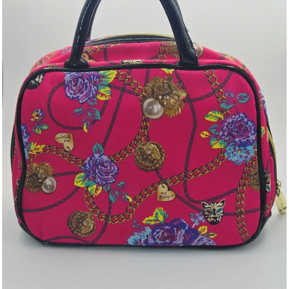 Betsey Johnson Y2K Pink Floral Chain Print Nylon Satchel Bag Black Patent‎ Trim